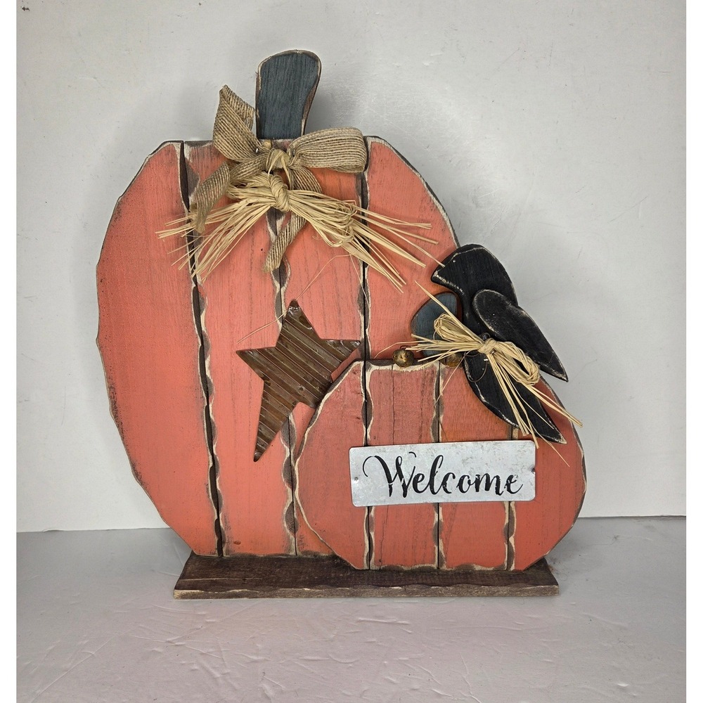 Primitive Rustic Wood Pumpkin Crow Welcome Sign Fall Decor Farmhouse Tabletop